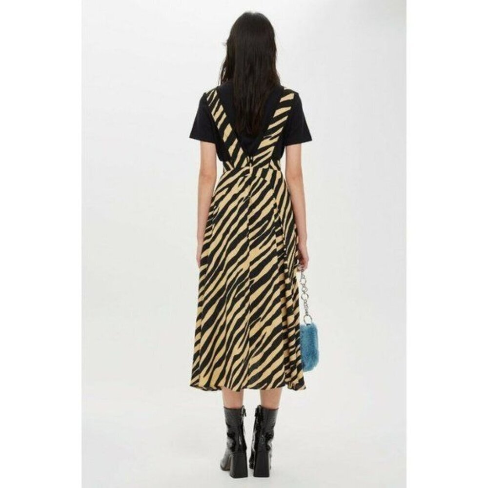 TOPSHOP Midi Dress Zebra Print Striped Pinafore V Neck Dress SZ 6 NEW - Picture 2 of 4